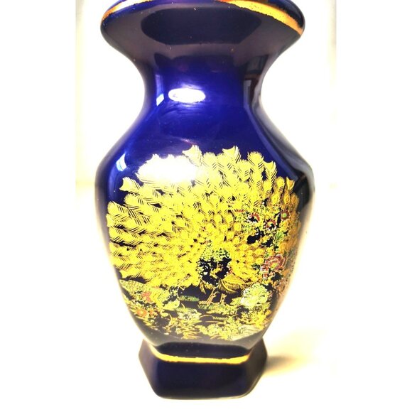 Porcelain Wall Pocket Vintage Japanese Cobalt Blue Gold Peacock Design  6.75” - Picture 2 of 10